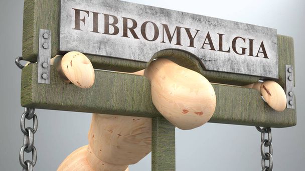 Fibromialgia, które wpływają i niszczą ludzkie życie - symbolizowane przez postać w pręgierze, aby pokazać efekt Fibromialgii i jak zły, ograniczający i negatywny wpływ ma, ilustracja 3D - Zdjęcie, obraz