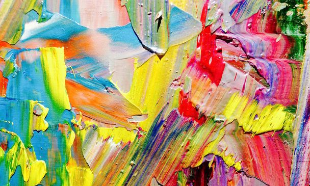 Colorful abstract painting background. Modern motif visual art .Intensive multicolor mix of oil vibrant colors. Trendy hand painting canvas . Paint brushstrokes on canvas for trendy poster wallpaper - Фото, изображение