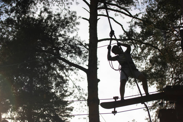 Seikkailuköysipuiston esterata. Teini-ikäinen kiipeää korkealle puiden sekaan skeittilaudalla. Musta siluetti pojasta kontrajourissa. Äärimmäinen urheilu seikkailupuistossa illalla - Valokuva, kuva