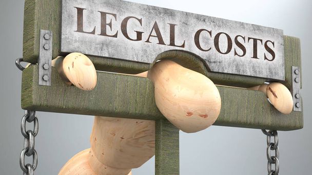 Costes legales que afectan y destruyen la vida humana - simbolizados por una figura en la picota para mostrar el efecto de los costos legales y el impacto negativo, limitante y malo que tiene, ilustración 3d - Foto, imagen