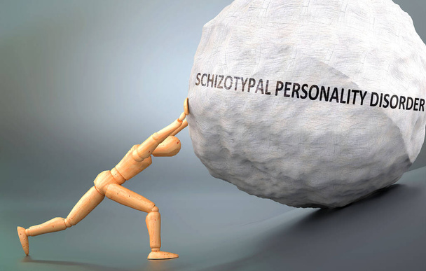 Schizotypal personality disorder and human condition, pictured as a human figure pushing weight to show how hard it can be to deal with Schizotypal personality disorder, 3d illustration - Photo, Image