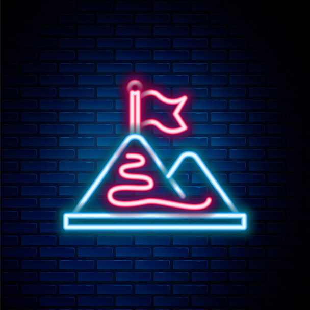 Glowing neon line Mountains with flag on top icon isolated on brick wall background. Symbol of victory or success concept. Goal achievement. Colorful outline concept. Vector - Vector, Image