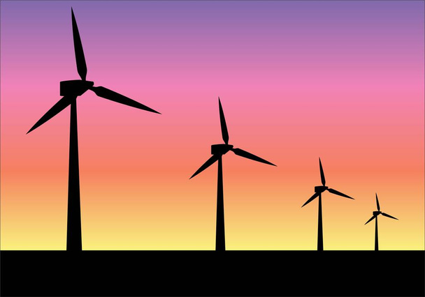 Alkonyatkor megújuló szélturbinák vagy szélmalmok sziluettje - Vektor, kép