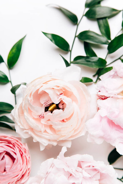 schöne rosa Blüten mit grünen Blättern isoliert auf weißem Hintergrund, Kopierraumkonzept  - Foto, Bild