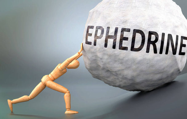 Ephedrin und schmerzhaftes Menschsein, dargestellt als hölzerne menschliche Figur, die schweres Gewicht schiebt, um zu zeigen, wie schwer es sein kann, mit Ephedrin im menschlichen Leben umzugehen, 3D-Illustration - Foto, Bild