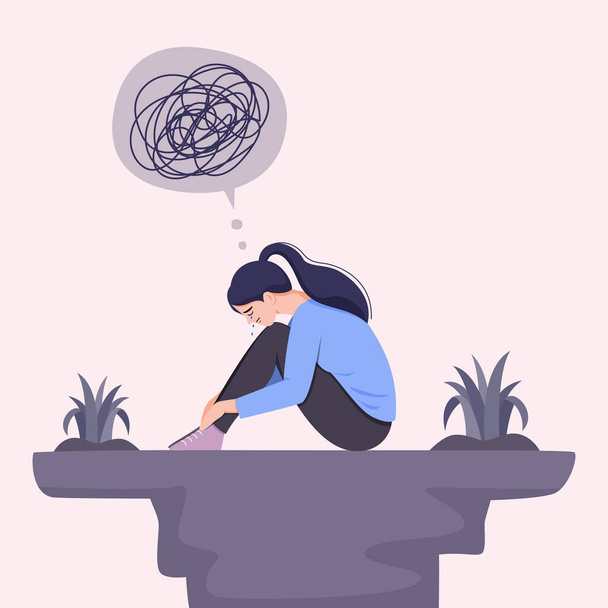 Jeune femme dans la dépression étreignant ses genoux et pleurant, illustration vectorielle plate. - Vecteur, image