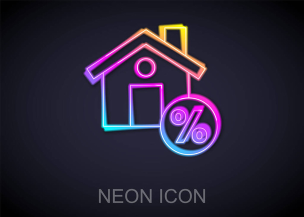 Leuchtende Neon-Linie Haus mit Percant Discount-Tag-Symbol isoliert auf schwarzem Hintergrund. Immobilien zu Hause. Kreditanteil-Symbol. Vektor - Vektor, Bild