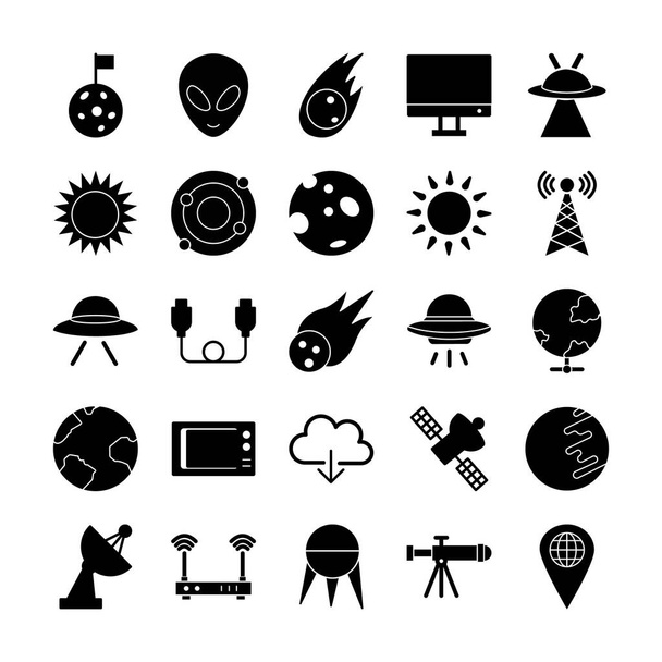 Conjunto de iconos espaciales consisten en misiles, cohetes, espacio, nave espacial, astronauta, cosmonauta, platillo, nave, globo, órbita, radiodifusión, plato, luz del día, estrella del día, exploración, bola de fuego y extraterrestre - Vector, imagen