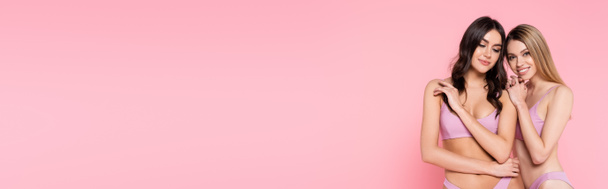 Jolie femme câlin ami en maillot de bain isolé sur rose, bannière  - Photo, image