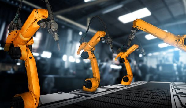 工場生産ラインの組立用機械加工産業用ロボットアーム - 写真・画像