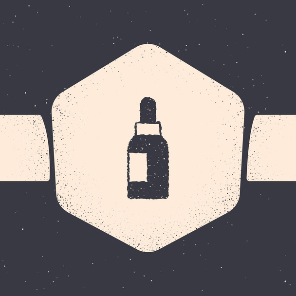 Grunge Essential olajpalack ikon elszigetelt szürke alapon. Organikus aromaterápiás esszencia. Bőrápoló szérum üveg csepp csomag. Monokróm vintage rajz. Vektor. - Vektor, kép