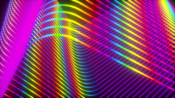 Carrés ondulés abstraits à partir de lignes de néon, générés par ordinateur. 3d rendu arrière-plan virtuel - Photo, image