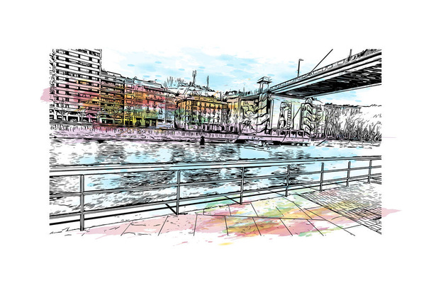 Print  Building view with landmark of Bilbao is the city in Spain.Watercolor splash with hand drawn sketch illustration in vector. - Vector, Image