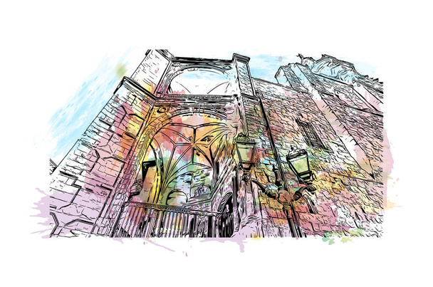 Вид на здание с ориентиром Бильбао - город в Испании. Акварель всплеск с нарисованным вручную эскизом иллюстрации в векторе. - Вектор,изображение