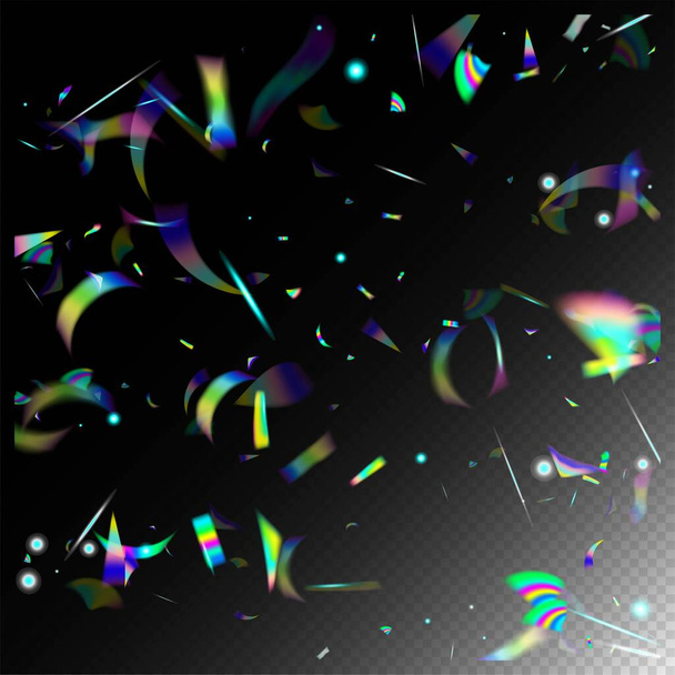Holo Glam Effect Rainbow Bokeh. Regenbogeninsel. Fallendes Hologramm-Konfetti. Gradient Overlay Neon Foil Tinsel. Gold Transparent Fallende Partikel. Blauer, lila, grüner Feierhintergrund. - Vektor, Bild