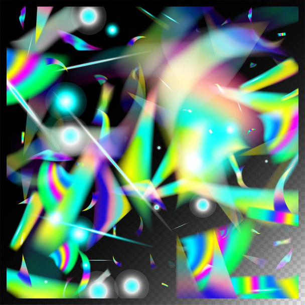 Silver Transparent Falling Particles. Holo Glam Effect Rainbow Tinsel.  Gradient Overlay Vivid Foil Tinsel. Blue, Purple, Green Celebration Background. Falling Holograph Confetti. Rainbow Tinsel. - Vector, Image