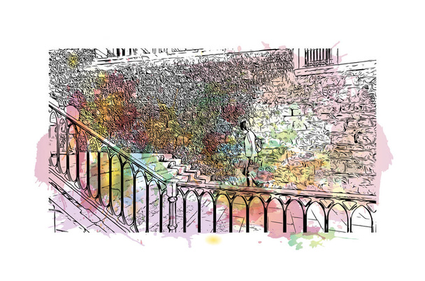 Вид на здание с ориентиром Бильбао - город в Испании. Акварель всплеск с нарисованным вручную эскизом иллюстрации в векторе. - Вектор,изображение