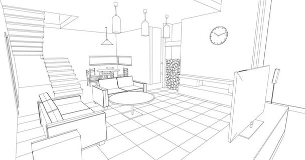 house interior kitchen living room 3d illustration - Vector, Image