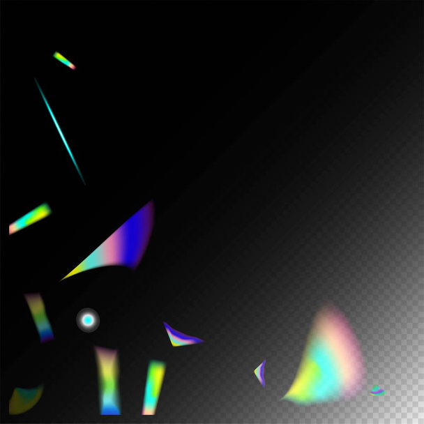 Holo Glitch Effect Rainbow Bokeh. Fliegende Hologramm-Konfetti. Gradient Overlay Vivid Foil Tinsel. Metall Transparent Fallende Partikel. Regenbogeninsel. Blauer, lila, grüner Feierhintergrund. - Vektor, Bild