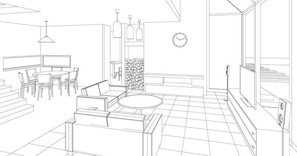 εσωτερικό σπίτι κουζίνα σαλόνι 3d εικονογράφηση - Διάνυσμα, εικόνα