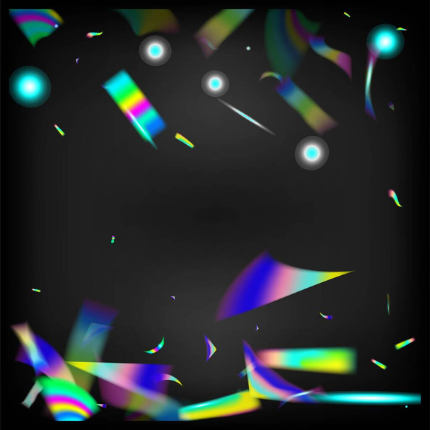 Holo Glitch Effect Rainbow Bokeh. Fallendes Hologramm-Konfetti. Blauer, lila, grüner Feierhintergrund. Regenbogeninsel. Gradient Overlay Vivid Foil Tinsel. Gold transparente fallende Partikel. - Vektor, Bild