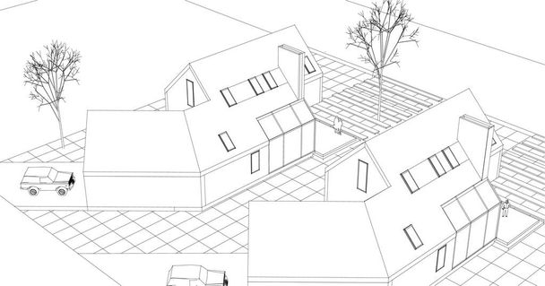 μοντέρνο σπίτι αρχιτεκτονικό σκίτσο 3d απόδοση - Διάνυσμα, εικόνα