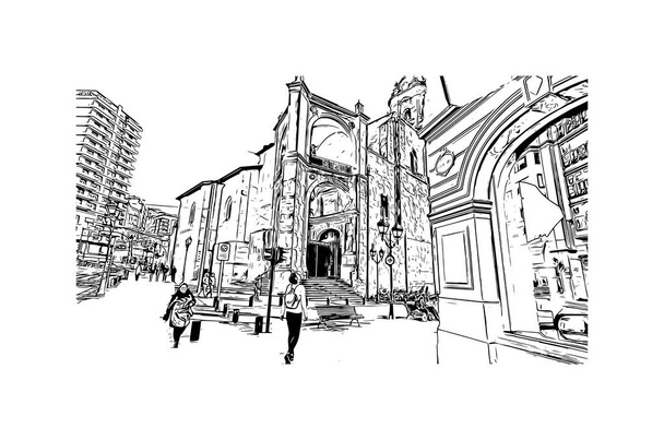 Вид Print Building з орієнтиром Більбао - місто в Іспанії. Намальована вручну ілюстрація у векторі. - Вектор, зображення