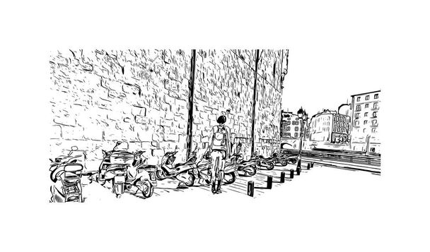 Print Вид на здание с достопримечательностью Бильбао - город в Испании. Ручной рисунок в векторе. - Вектор,изображение