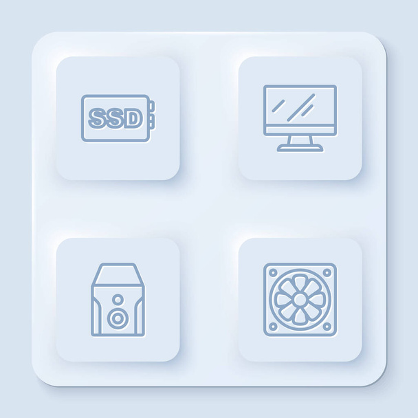 Set Line SSD-Karte, Computer-Monitor-Bildschirm, Unterbrechungsfreie Stromversorgung und Kühler. Weiße quadratische Taste. Vektor - Vektor, Bild