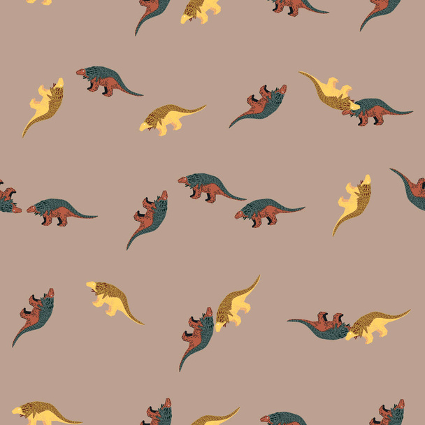 Doodle seamless pattern with random cute dinosaurs ankylosaurs ornament. Beige pale background. Stock illustration. Vector design for textile, fabric, giftwrap, wallpapers. - Vector, Image