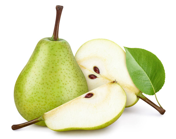 Pear Clipping Path. Ripe whole pear fruit with green leaf and half isolated on white background with clipping path. Pear fruit macro studio photo - Photo, image