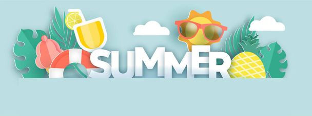 Sommerbanner mit sommerlichen Elementen im Scherenschnitt-Stil - Vektor, Bild