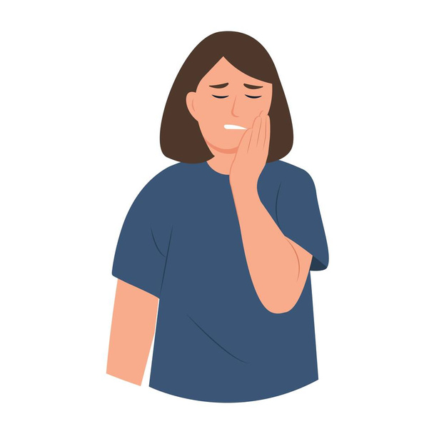 Toothache. Woman with toothache touching her cheek. Caries. Severe tooth pain. Vector illustration in cartoon style - Vector, Image