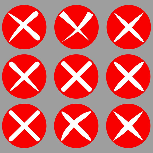 Vector cross check marks. Check in a white cross in a red circle No, icon, graphic, symbol, Vector No cross signs, Check mark vector icons. Vector with white color hand drawn cross check mark on the red circle isolated on dark background - ベクター画像