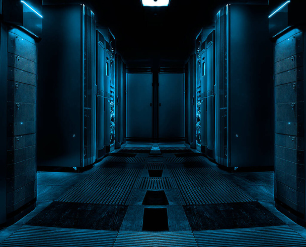 Σχάρα Server cluster σε ένα ρηχό κέντρο δεδομένων DOF χρώμα τονισμένη εικόνα  - Φωτογραφία, εικόνα