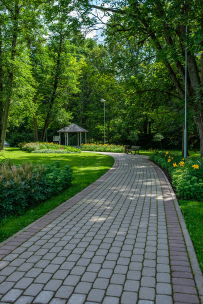 tourism pathway in the summer green park with gravel, wooden rails and trees. relaxation in nature - Fotoğraf, Görsel
