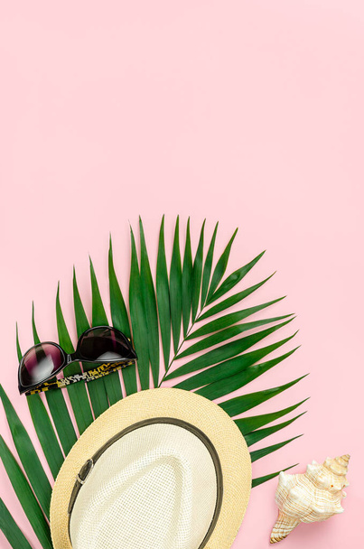 Hut, Sonnenbrille und Palmblatt auf pastellrosa Hintergrund. Ansicht von oben, Kopierraum. - Foto, Bild