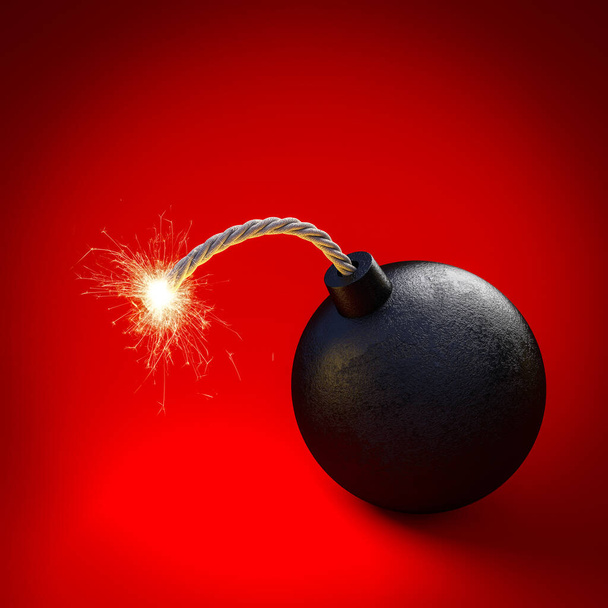 spherical black bomb with lit fuse. concept of imminent danger. 3d render. - Photo, Image