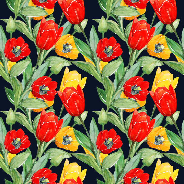Red tulips seamless pattern.Image on a white and colored background. - Фото, изображение
