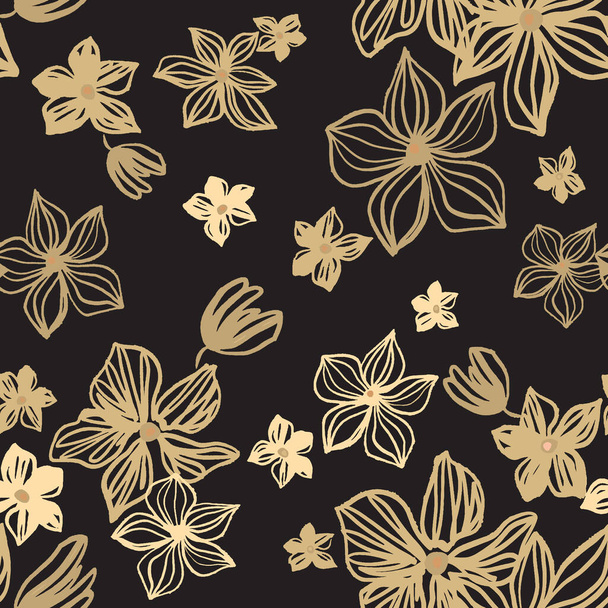 黄色、ベージュ、ゴールドの花を描くベクトルシームレスパターン。花水彩の背景と線画手描きイラスト。トレンディエキゾチックなテクスチャ｜print - ベクター画像