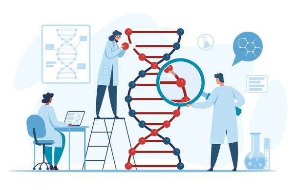 遺伝子DNA研究。研究室でのDNA分子の研究と分析。生物工学、ゲノム工学のベクトル概念 - ベクター画像