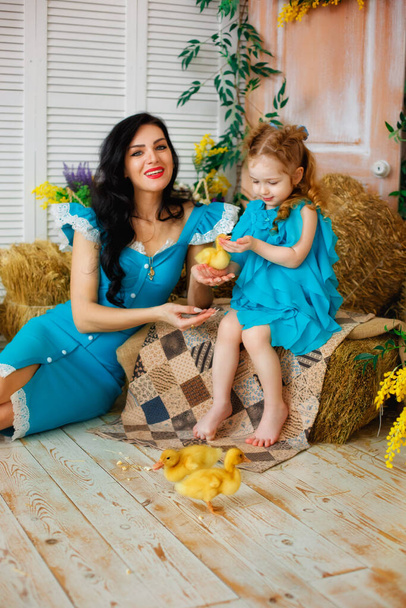 Anya és lánya kék ruhában játszanak a kiskacsákkal. Egy nő és egy gyerek ül egy fa falnál a szénában, egy bolyhos kiskacsát bámulva. Húsvét koncepció. Falusi nyaralás. Gyermek és háziállat - Fotó, kép