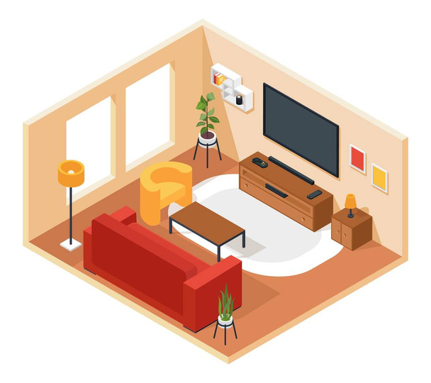Isometrisches Wohnzimmer. Wohnzimmereinrichtung mit Sofa, Stuhl, Fernseher, Couchtisch, Pflanze, Teppich. Wohnungs- oder Hausraumdekor-Vektorkonzept - Vektor, Bild