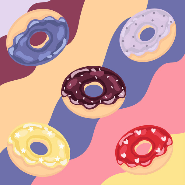 rosquillas conjunto retro ilustración, dulce sabroso, diferentes gustos, fondo, patrón  - Vector, Imagen