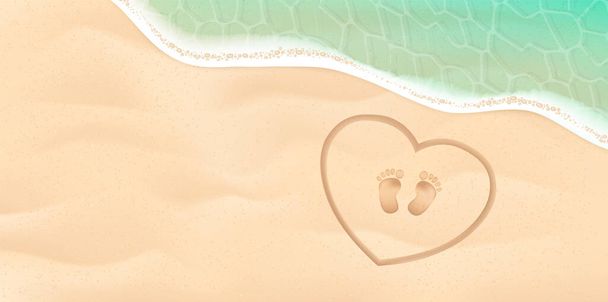Baby voetafdruk op de kust. Achtergrond met voeten, zand, water. Vector illustratie. Strand baby voetafdruk in het hart en de zee vector illustratie. - Vector, afbeelding