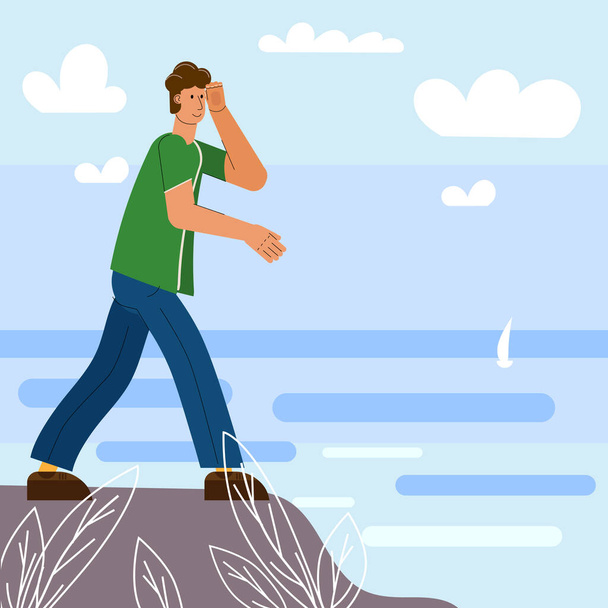 Man looking into future, horizon standing on cliff rock top mountain. Concept of discovery new goals, ideas, exploration, development. Vector flat style illustration - Vector, Image