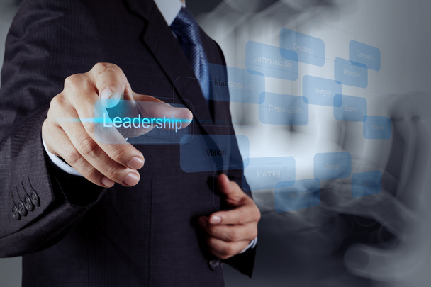бизнесмен указывает на концепцию лидерских навыков в виртуальном пространстве
 - Фото, изображение