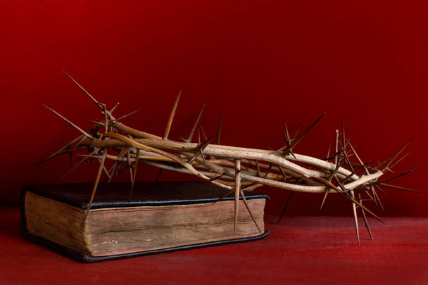 Crown thorns and old bible or book on the red background, copy space. - Photo, Image