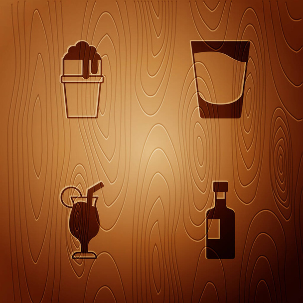 Σετ Μπουκαλάκι κρασιού, Ποτήρι μπύρας, Κοκτέιλ και Γυάλινο σφηνάκι σε ξύλινο φόντο. Διάνυσμα - Διάνυσμα, εικόνα