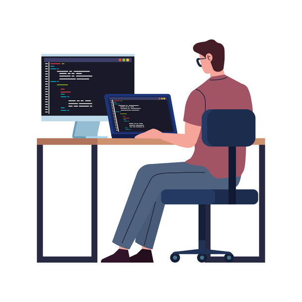 αρσενικό προγραμματιστή που εργάζεται με υπολογιστές - Διάνυσμα, εικόνα